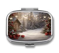 Pilulier de Noël en bois à 2 compartiments décoratifs en métal pour poche ou sac à main, boîte à médicaments portable pour vitamines, huiles de poisson et compléments alimentaires