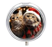 Pilulier de Noël en forme de chat - 3 compartiments - Petit pilulier rond - En métal - Pour sac à main