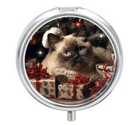 Pilulier de Noël en forme de chat siamois - 3 compartiments - Petit pilulier rond en métal - Pour sac à main