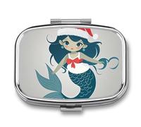 Pilulier de Noël en forme de sirène à 2 compartiments étanche avec miroir carré en métal - Boîte à médicaments portable pour poche et sac à main de voyage
