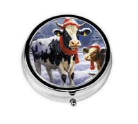 Pilulier de Noël en forme de vache enneigée ronde à 3 compartiments pour sac à main, joli pilulier en métal, petit pilulier de voyage pour contenir des vitamines, des suppléments d'huile de poisson