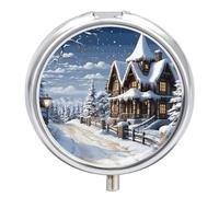 Pilulier de Noël et d'hiver avec scène heureuse - 3 compartiments - Petit pilulier quotidien - Pilulier de voyage rond en métal pour sac à main