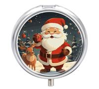 Pilulier de Noël Père Noël 3 compartiments portable avec miroir rond en métal Boîte de rangement de médicaments de poche pour contenir des vitamines et de l'huile de poisson