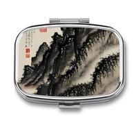 Pilulier de peinture chinoise à 2 compartiments, pilulier portable avec miroir pour poche, sac à main, voyage, mini organisateur de médicaments en métal pour vitamines, huile de poisson