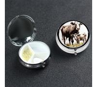 Pilulier de peinture de vache à 3 compartiments pour sac à main ou poche, petit organisateur de médicaments avec miroir, pilulier de voyage décoratif en métal, récipient à vitamines cadeau unique