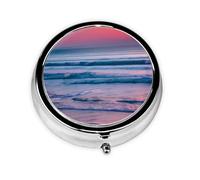 Pilulier de plage avec coucher de soleil rond à 3 compartiments pour sac à main, joli pilulier en métal, petit pilulier de voyage pour contenir des vitamines, des suppléments d'huile de poisson