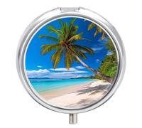 Pilulier de plage et cocotier - 3 compartiments - Petit pilulier rond en métal - Pour sac à main