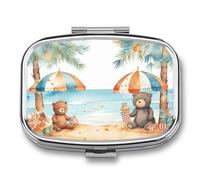 Pilulier de plage et ours à 2 compartiments, pilulier portable avec miroir pour poche, sac à main, voyage, mini organisateur de médicaments en métal pour vitamines, huile de poisson