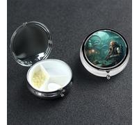 Pilulier de plongée en forme de pieuvre cool à 3 compartiments rond portable pour poche ou sac à main, petit planificateur hebdomadaire de médicaments de voyage avec miroir décoratif en métal et