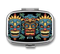 Pilulier de poche à motif masque Tiki coloré, 2 compartiments, format voyage, carré, avec compartiments pour vitamines et huile de poisson. Idéal pour le bureau et la maison.