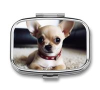Pilulier de poche carré mignon Chihuahua à 2 compartiments - Décoratif - Portable - Pilulier de voyage - Organiseur de vitamines - Mini pilulier