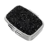 Pilulier de Poche Mini Noir en Métal avec Miroir et Décor Cristallin | Compartiments Séparés pour Remède et Vitamines, Format Compact, Usage Quotidien et Voyage, Style Vintage