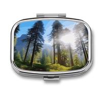 Pilulier de poche portable à 2 compartiments « Parcs nationaux et arbres ensoleillés » avec compartiments pour les vitamines, idéal pour le bureau et la maison. Huile de poisson.