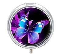 Pilulier de poche rond à 3 compartiments - Motif papillon bleu et violet