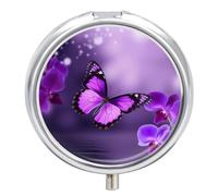 Pilulier de poche rond à 3 compartiments - Motif papillon violet