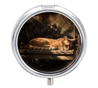 Pilulier de sommeil en forme de chat orange à 3 compartiments avec miroir pour sac à main et poche, organisateur de médicaments de voyage, boîte à médicaments quotidienne, boîte à médicaments ronde en