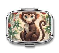 Pilulier de style chinois en forme de singe à 2 compartiments pour sac à main ou poche Mini pilulier en métal pour médicaments quotidiens pour contenir des vitamines, de l'huile de poisson