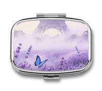 Pilulier de voyage 2 compartiments en forme de tour Eiffel avec miroir étanche 2 fois par jour pour sac à main et poche rectangulaire Argenté