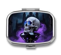 Pilulier de voyage 2 compartiments motif tête de mort gothique avec miroir, étanche, 2 fois par jour, conteneur portable pour sac à main et poche, rectangulaire argenté