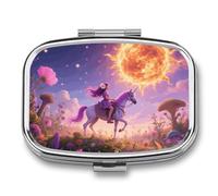 Pilulier de voyage 2 compartiments rétro bohème soleil avec miroir étanche 2 fois par jour conteneur portable pour sac à main et poche rectangulaire argenté