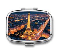 Pilulier de voyage 2 compartiments Tour Eiffel avec miroir Étanche 2 fois par jour Conteneur portable pour sac à main et poche Rectangulaire Argenté