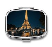 Pilulier de voyage 2 compartiments Tour Eiffel avec miroir Étanche 2 fois par jour Conteneur portable pour sac à main et poche Rectangulaire Argenté
