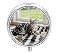 Pilulier de voyage 3 compartiments à rayures noires et blanches avec miroir étanche 3 fois par jour - Récipient médical portable pour sac à main et poche - Rond - Argenté