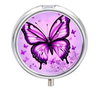 Pilulier de voyage 3 compartiments avec miroir rond en métal Violet Papillon Boîte de rangement de médicaments pour contenir des vitamines et de l'huile de poisson