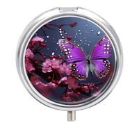 Pilulier de voyage 3 compartiments avec miroir rond en métal Violet Prune Papillon Boîte à médicaments pour contenir des vitamines et de l'huile de poisson