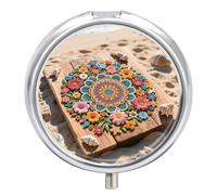 Pilulier de voyage 3 compartiments bohème floral mandala avec miroir étanche 3 fois par jour Portable Med Container pour sac à main et poche Rond Argenté
