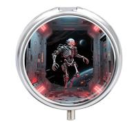Pilulier de voyage 3 compartiments en forme de tête de mort avec miroir étanche 3 fois par jour pour sac à main et poche rond argenté