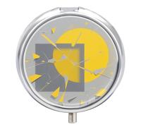 Pilulier de voyage 3 compartiments jaune et gris abstrait avec miroir étanche 3 fois par jour, récipient portable pour sac à main et poche, rond argenté