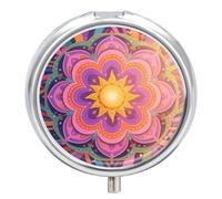 Pilulier de voyage 3 compartiments Mandala bohème avec miroir étanche 3 fois par jour Portable Med Container pour sac à main et poche Rond Argenté