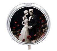 Pilulier de voyage 3 compartiments motif tête de mort avec miroir étanche 3 fois par jour pour sac à main et poche rond argenté
