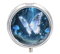 Pilulier de voyage 3 compartiments papillons et champignons avec miroir étanche 3 fois par jour - Portable - Pour sac à main et poche - Argenté