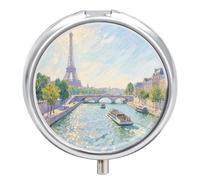Pilulier de voyage 3 compartiments Tour Eiffel à Paris avec miroir Étanche 3 fois par jour Portable Med Container pour sac à main et poche Rond Argenté