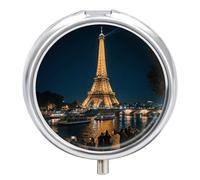 Pilulier de voyage 3 compartiments Tour Eiffel avec miroir Étanche 3 fois par jour Portable Med Container pour sac à main et poche Rond Argenté