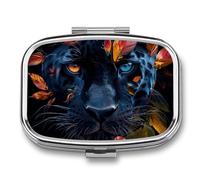 Pilulier de voyage à 2 compartiments avec miroir carré en métal - Motif feuilles et panthère