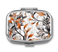 Pilulier de voyage à 2 compartiments avec miroir carré en métal - Motif feuilles orange et gris