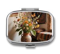 Pilulier de voyage à 2 compartiments avec miroir - Étanche - 2 fois par jour - Pour sac à main et poche - Rectangulaire - Argenté
