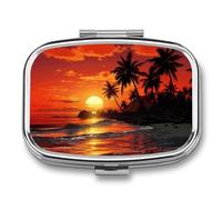 Pilulier de voyage à 2 compartiments avec miroir - Motif coucher de soleil tropical - Pour sac à main, poche ou portefeuille