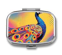 Pilulier de voyage à 2 compartiments avec miroir - Motif paon - Pour sac à main, poche ou portefeuille