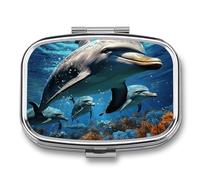 Pilulier de voyage à 2 compartiments avec miroir pour sac à main, poche ou portefeuille Motif dauphins