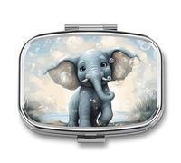 Pilulier de voyage à 2 compartiments avec motif éléphant mignon - Avec miroir - Portable - Carré - Pour vitamines, bijoux et essentiels - Durable - Pour sac à main, camping