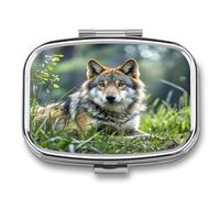 Pilulier de voyage à 2 compartiments avec motif loup sur l'herbe, petit pilulier portable en métal pour contenir des vitamines et des suppléments d'huile de poisson