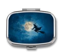 Pilulier de voyage à 2 compartiments avec motif sorcière volant sur balai pleine lune