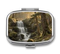 Pilulier de voyage à 2 compartiments en cascade forestière avec miroir, étanche, 2 fois par jour, conteneur portable pour sac à main et poche rectangulaire, argenté