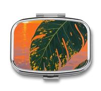 Pilulier de voyage à 2 compartiments en feuilles de palmier tropicales avec miroir - Étanche - 2 fois par jour - Portable - Pour sac à main et poche - Rectangulaire - Argenté