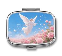 Pilulier de voyage à 2 compartiments en forme d'ange et de roses avec miroir, étanche, 2 fois par jour, récipient portable pour sac à main et poche, rectangulaire argenté