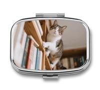 Pilulier de voyage à 2 compartiments en forme de chat avec miroir - Étanche - 2 fois par jour - Portable - Pour sac à main et poche - Rectangulaire - Argenté